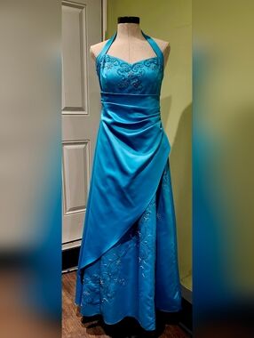 City Triangles Turquoise Halter Princess Formal Prom Dress (Beaded and Sequin)